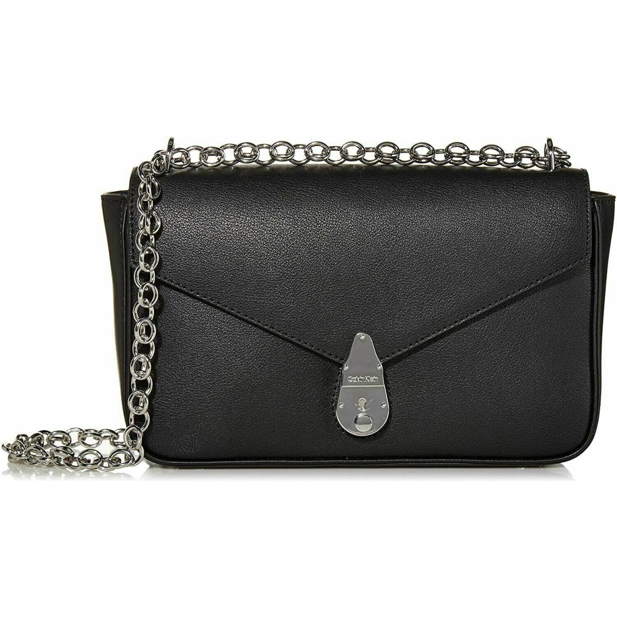 Calvin Klein Crossbody Shoulder Bag Black Leather Push-lock Silver Cha