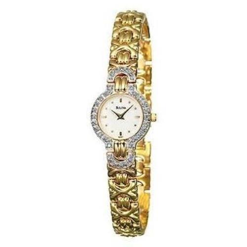 Bulova Ladies Gold Tone Classic Diamond Quartz Watch - White Dial, Gold Band, Gold Bezel