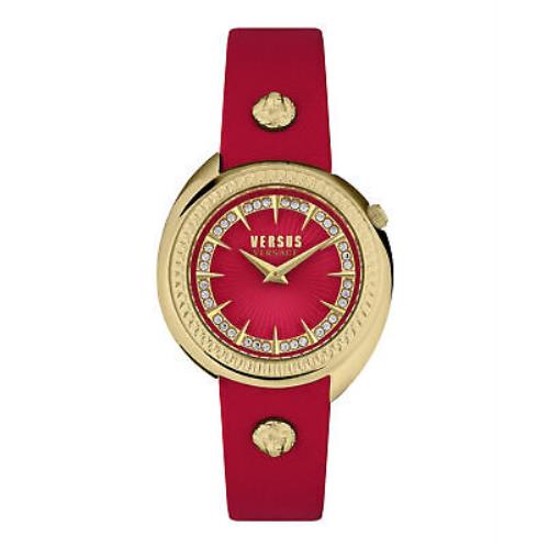 Versus Versace Womens Tortona Crystal Gold 38mm Strap Fashion Watch - Red Dial, Red Band, Red Bezel
