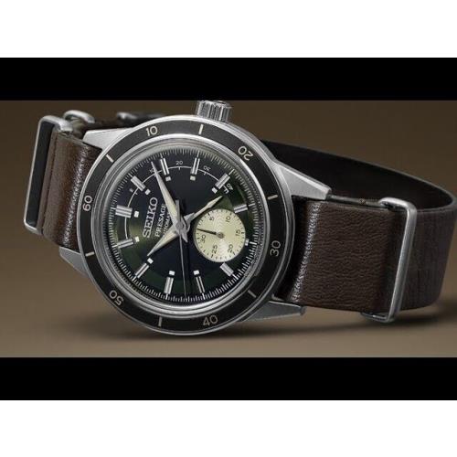 Seiko Mens Presage 60`s Style Green Dial Automatic Watch SSA451