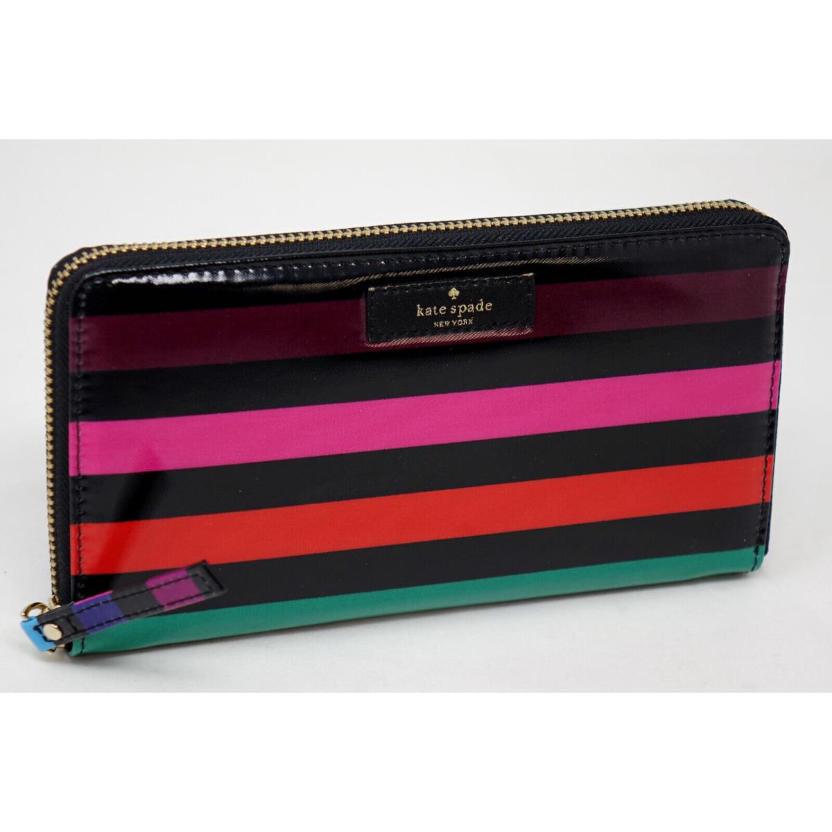 New Kate Spade Women`s Black Red Pink Multicolor Striped Large Zip Around Wallet