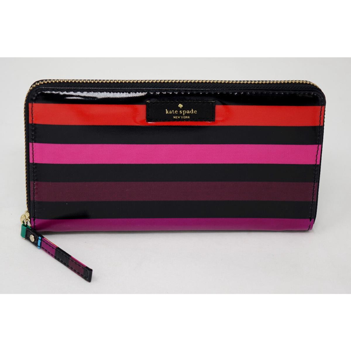 New Kate Spade Women`s Black Pink Red Multicolor Stripe Large Zip Around Wallet