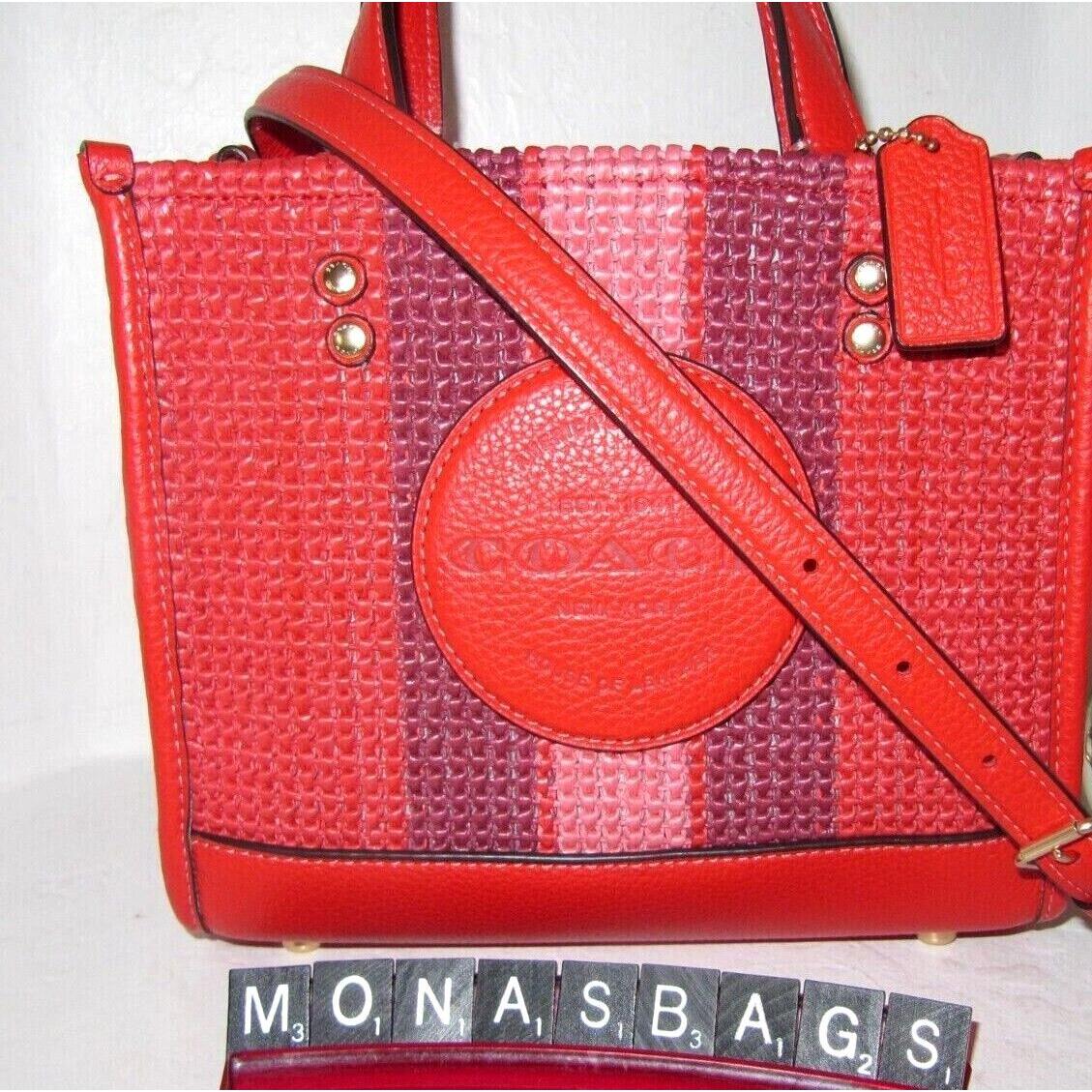 Coach CA291 Dempsey Tote Bag Coach Patch Straw Leather Miami Red Multi