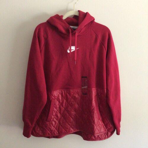 Nike Sportswear Women Sz XL Red Logo Mixed Media Quilted Pullover Hoodie