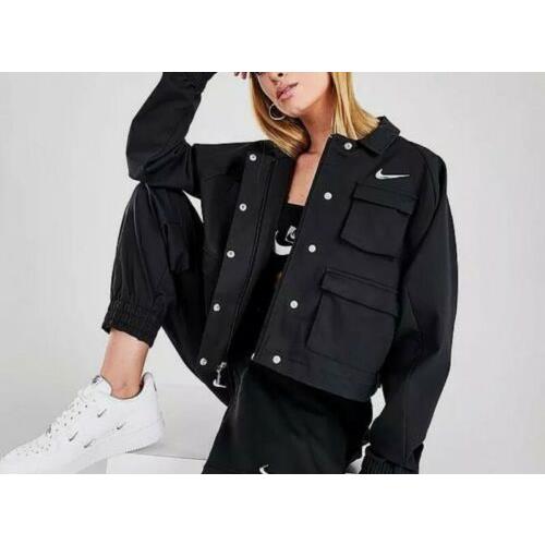 Nike Women`s Sportswear Swoosh Woven Zip/button Jacket Black Size X-small