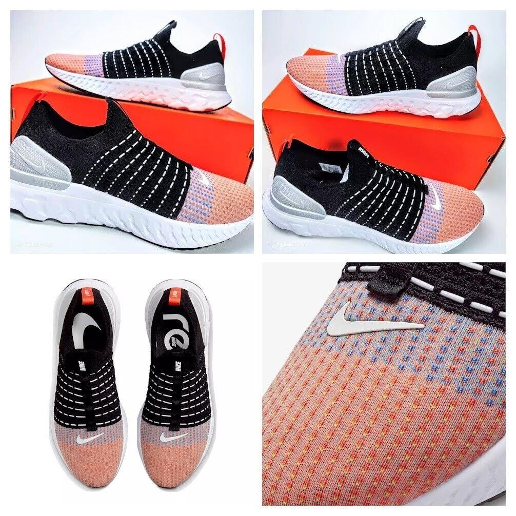 Nike React Phantom Run FK Men`s US 13 Black White Orange Comfort Slip On Run - Black/Team Orange/Electric Green/White