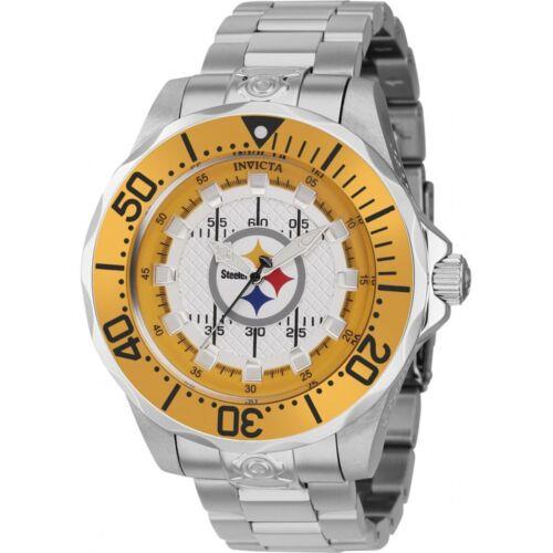 Invicta Men`s Watch Nfl Pittsburgh Steelers Dial Stainless Steel Bracelet 42126 - Silver, Yellow Dial, Silver Band