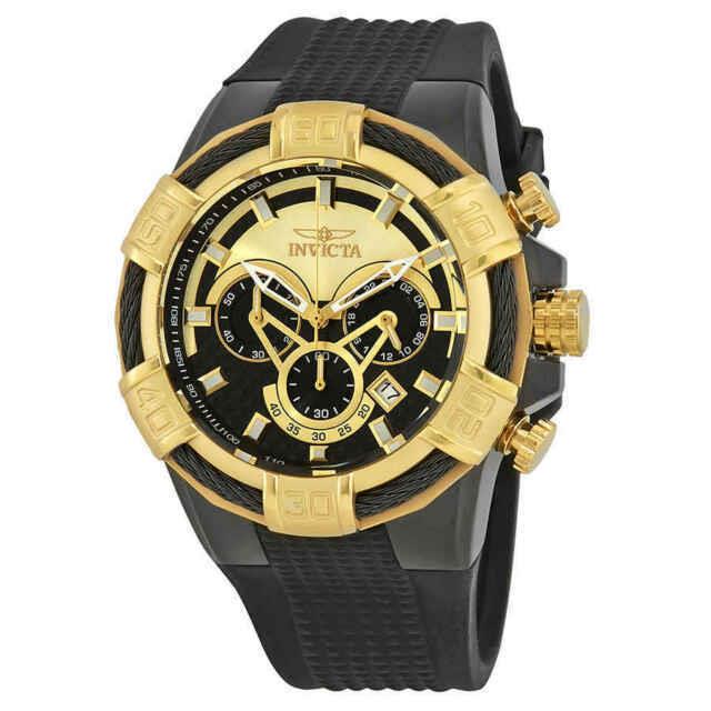 Invicta Bolt Men`s Chronograph 52mm Quartz Luxury Dress Analog Watch 24699 - Dial: Gold, Black, Band: Black