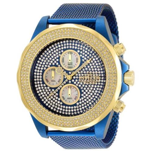 Invicta Pro Diver Men`s 47mm Blue Pave Crystal Chronograph Watch 35644 - Dial: Blue, Band: Blue, Bezel: Gold
