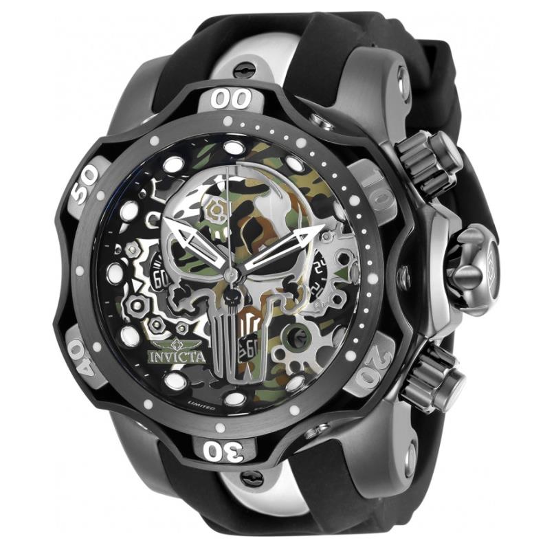 Invicta Marvel Punisher Men`s 52mm Limited Edition Skull Chronograph Watch 30630 - Dial: Beige, Green, Multicolor, Silver, Band: Black, Bezel: Black, Gray, Silver