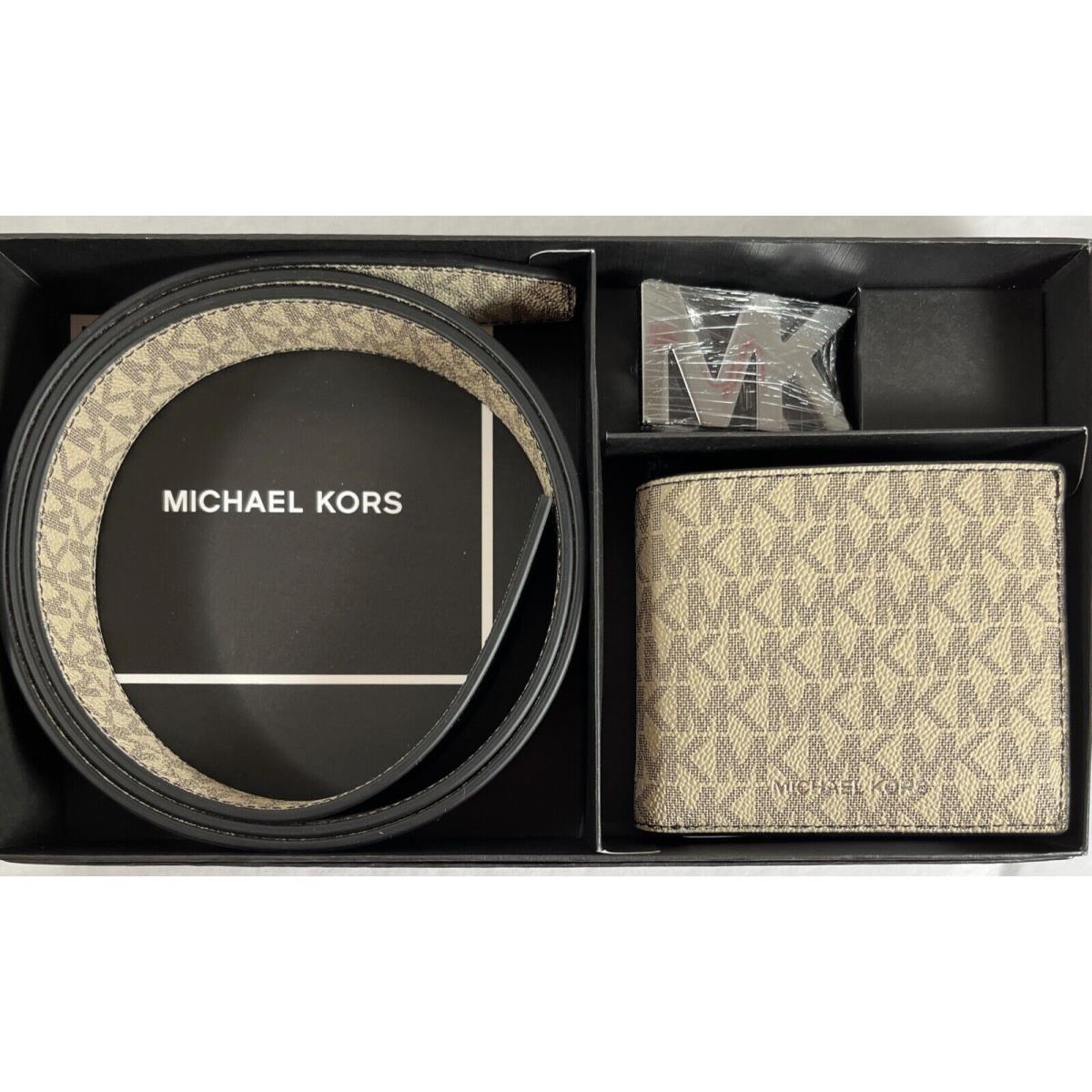 Michael Kors Men`s Wallet Belt Reversible MK Signature 3 IN 1 Gift Set Beige MK/MULTI