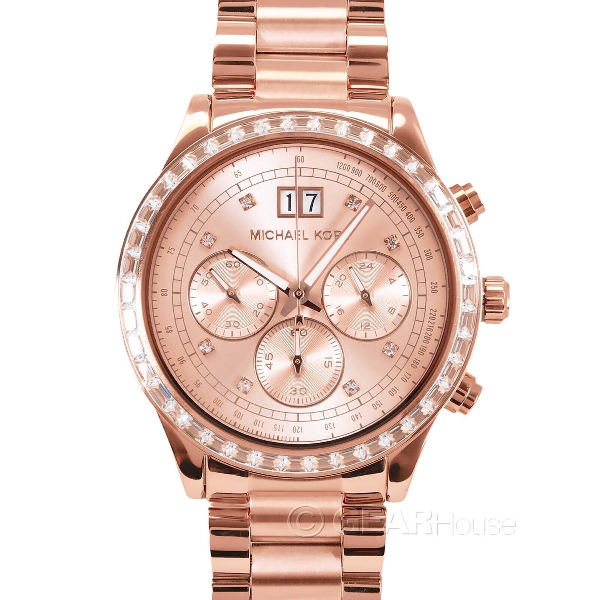 Michael Kors Brinkley Womens Chronograph Watch Rose Gold Dial Crystals Link B