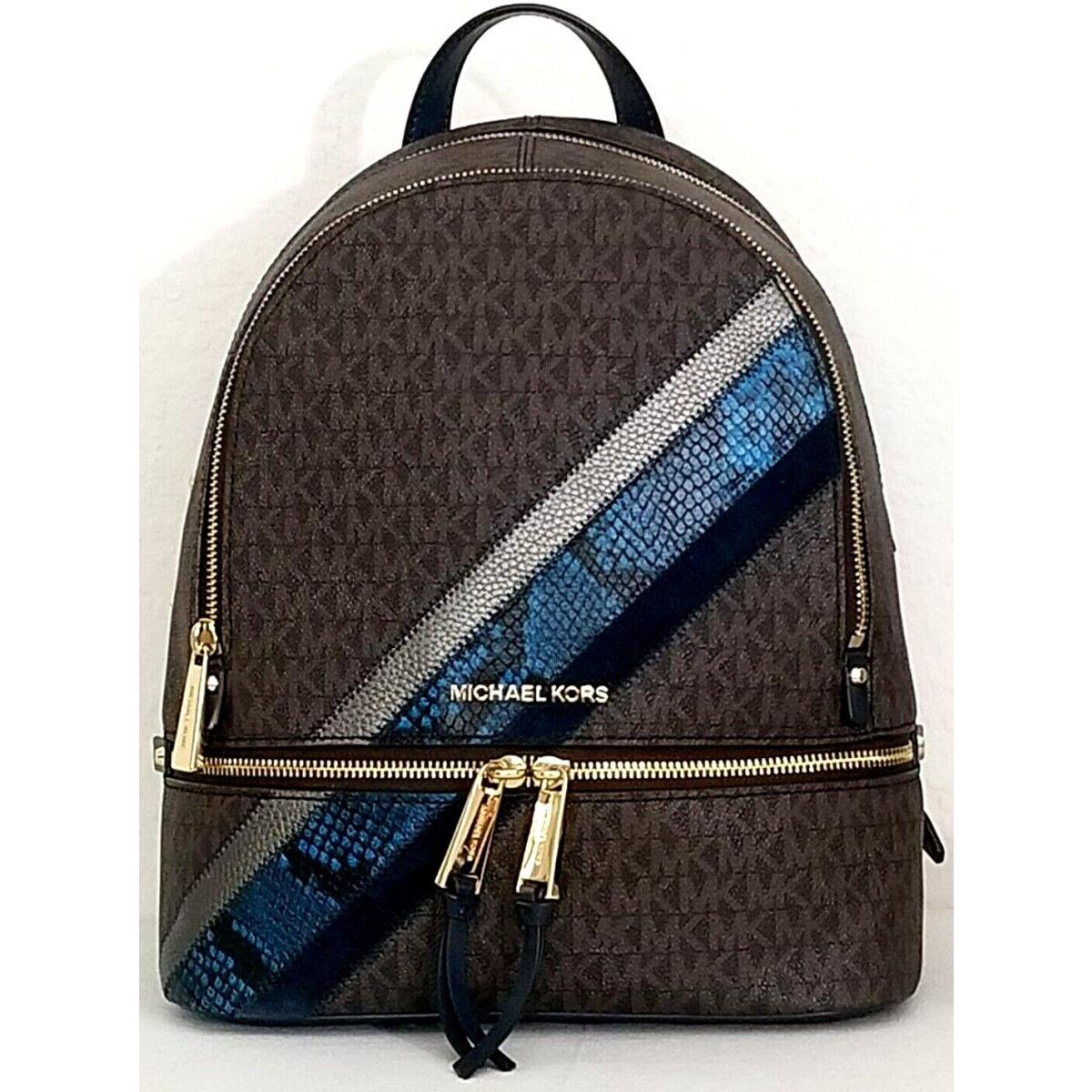 Michael Kors Rhea Zip Backpack Brown Logo Blue Stripe Travel School Bag