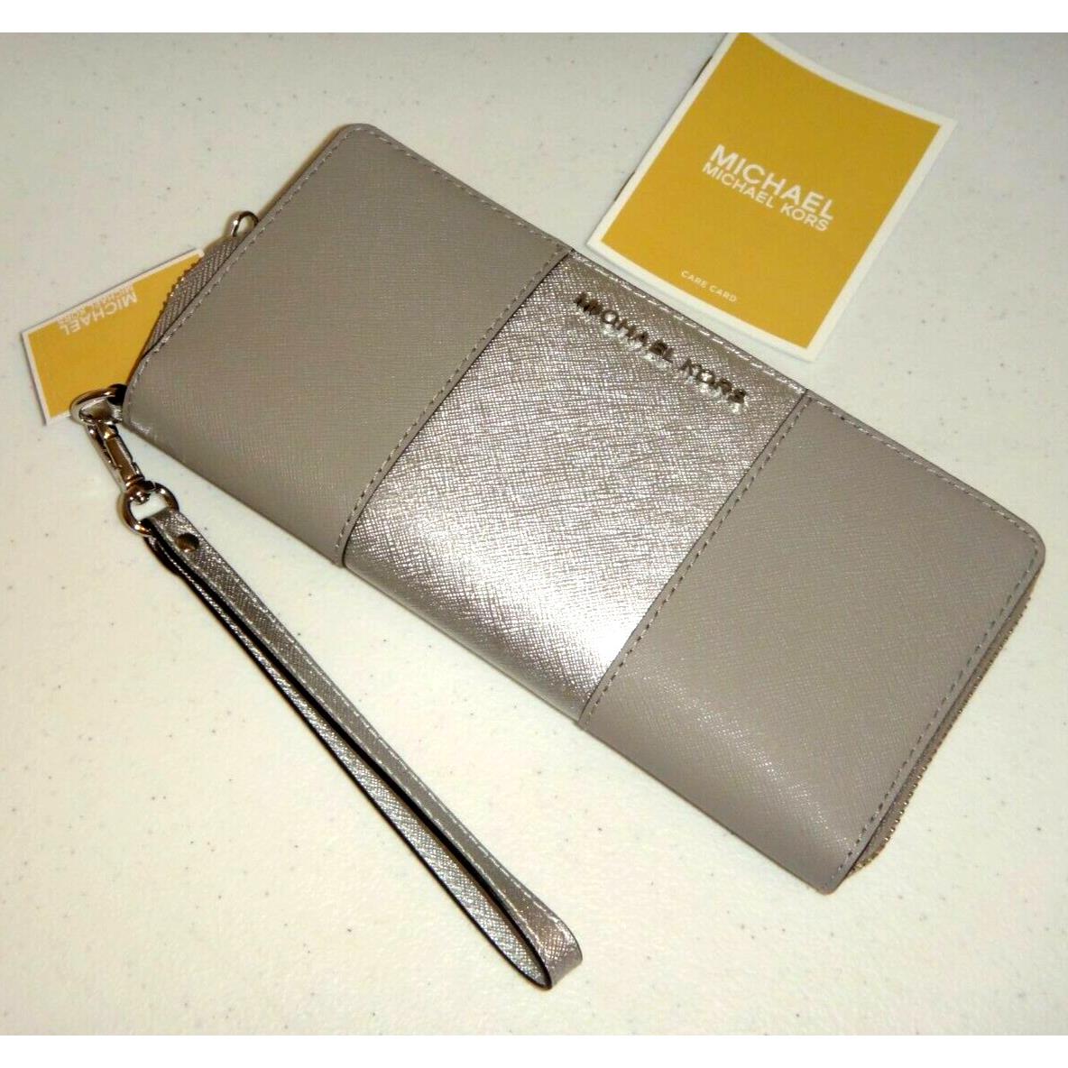 Michael Kors Met Center Stripe MK Travel Wallet Clutch Ash Grey Saffiano Leather Fash Brands