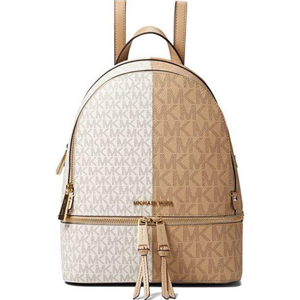 Michael Kors Rhea Zip MD Backpack Vanilla Tan MK Logo Travel School Bag