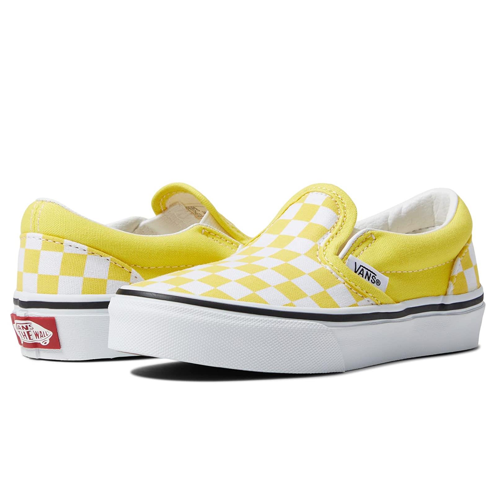 Boy`s Sneakers Athletic Shoes Vans Kids Classic Slip-on Little Kid (Checkerboard) Blazing Yellow/True White