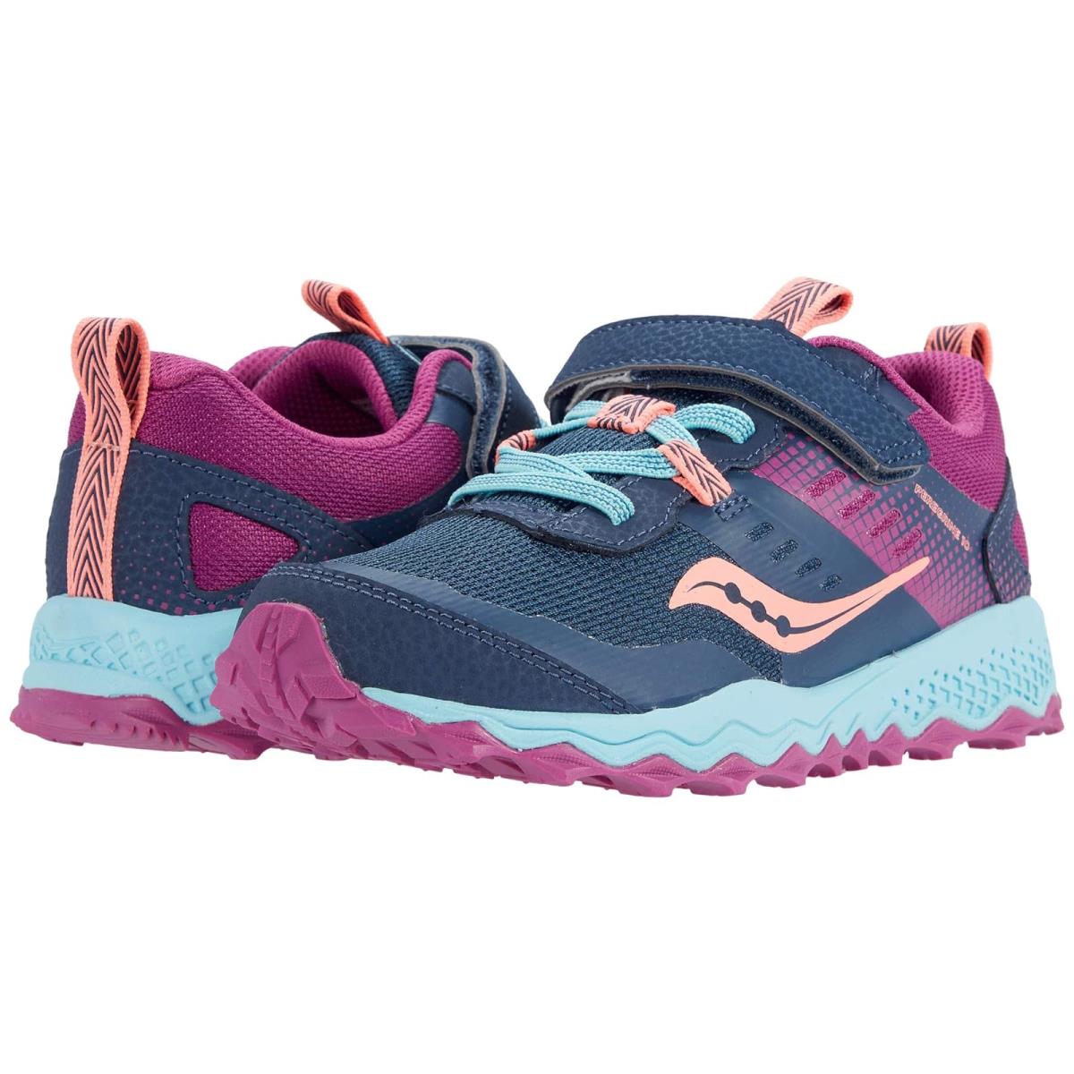 Girl`s Shoes Saucony Kids S-peregrine 10 Shield A/c Little Kid/big Kid Navy/Purple/Turquoise