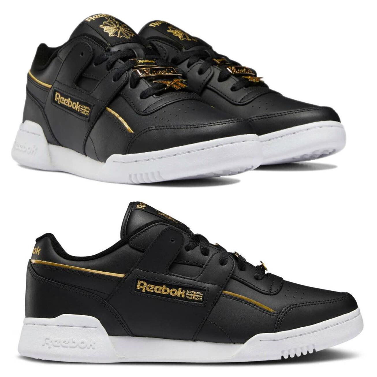 Reebok Workout Plus Leather Mens Sneaker Casual Shoes Black Gold Size 9