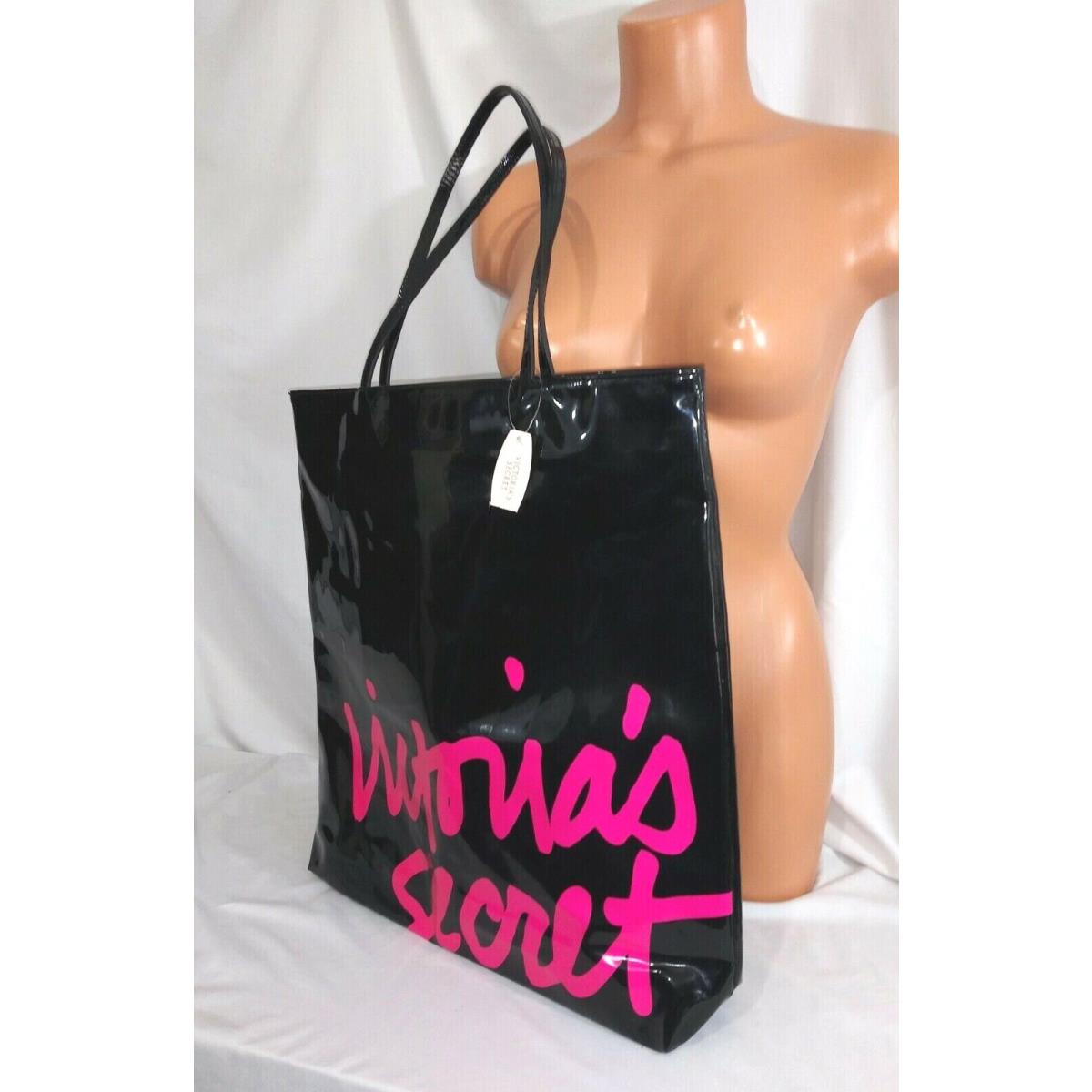 Victorias Secret Supermodel Black Neon Patent Tote Purse Weekender Bag