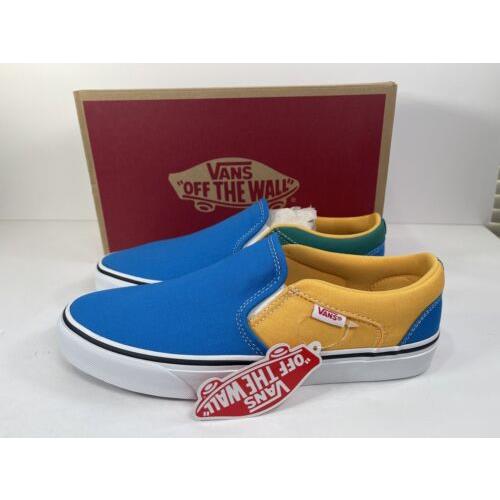 Vans Asher Slip On Skate Shoes Sneakers Casual Canvas Blue Yellow Men Size 10.5