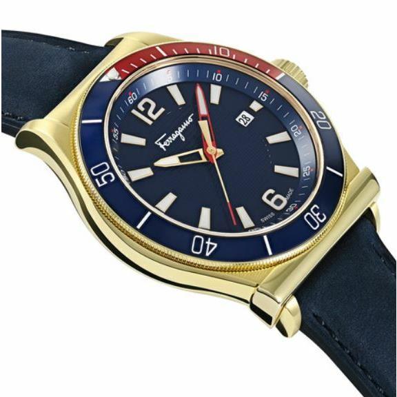 Mens Gold Salvatore Ferragamo Watches 1898 Swiss Quartz Sport Blue Strap