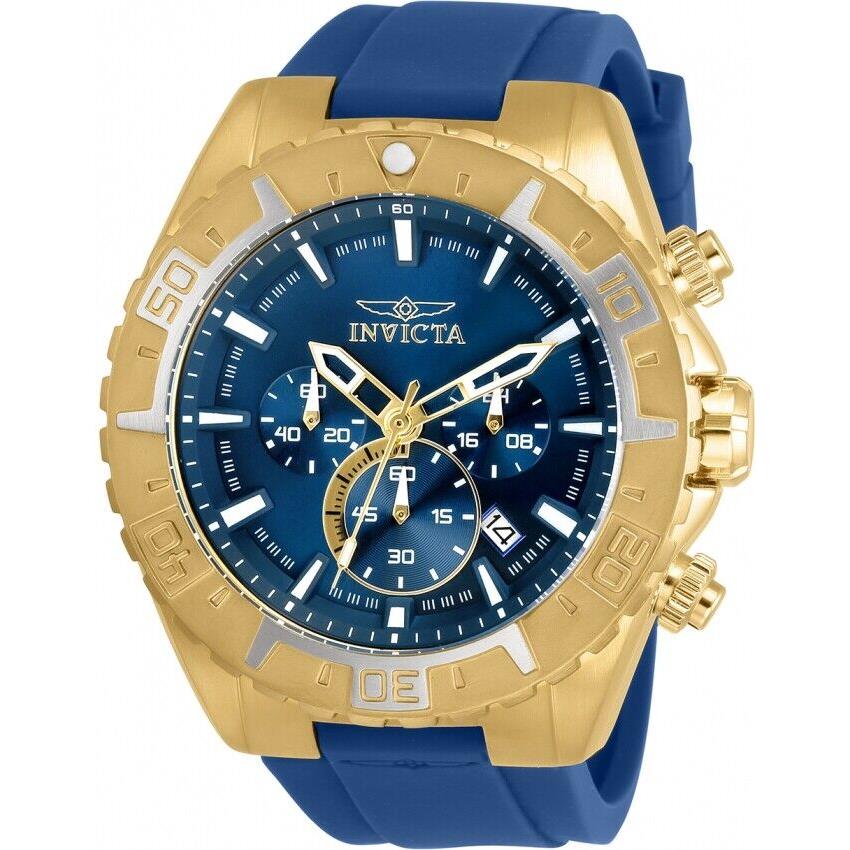 Invicta Men`s 49mm Aviator Blue Dial Gold Bezel Blue Silicone Band Chrono Watch - Blue Dial, Blue Band, Gold Bezel