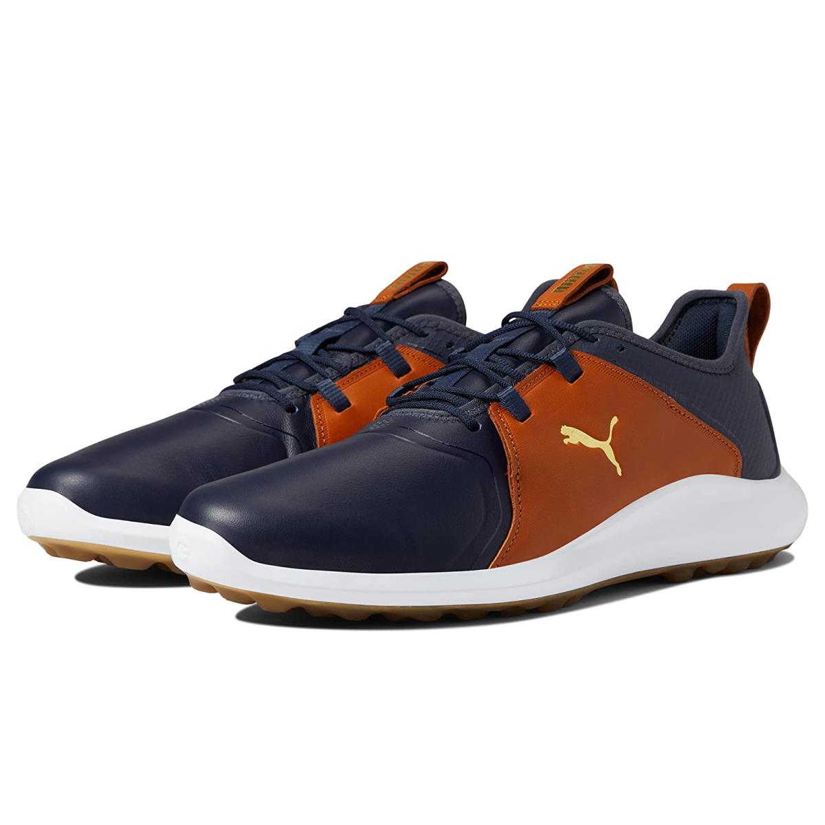 Man`s Sneakers Athletic Shoes Puma Golf Ignite Fasten8 Crafted Navy Blazer/Gold/Leather Brown