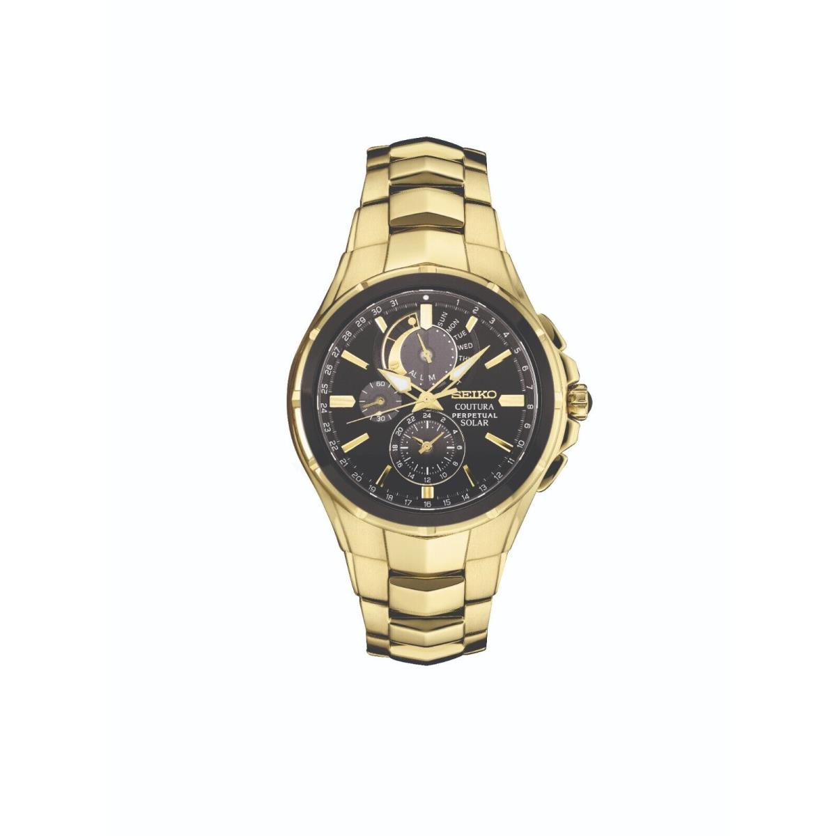 Seiko Coutura Perpetual Solar Chronograph Gold-tone Men`s Watch SSC700 - Dial: Black, Band: Gold