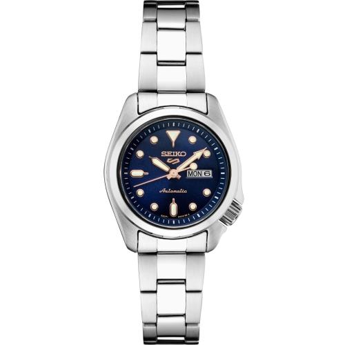 Seiko 5 Sports Collection SRE003 Women`s Stainless Steel Automatic Watch - Blue Dial, Silver Band, Silver Bezel