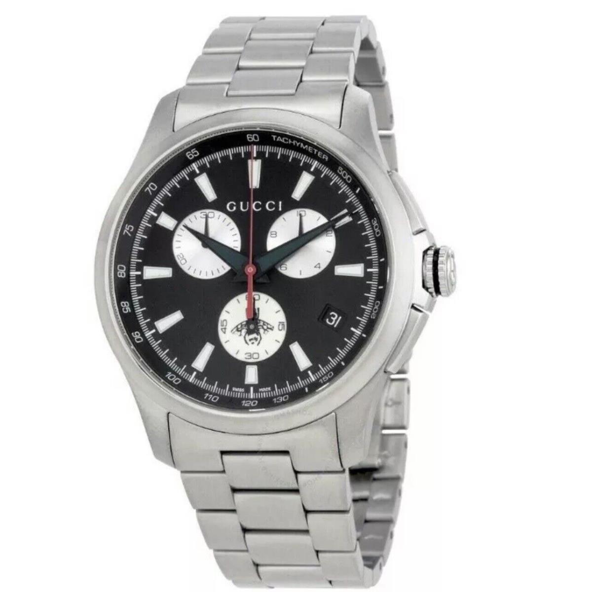 Gucci G Timeless Chronograph Black Dial Stainless Steel Watch YA126267 W Box