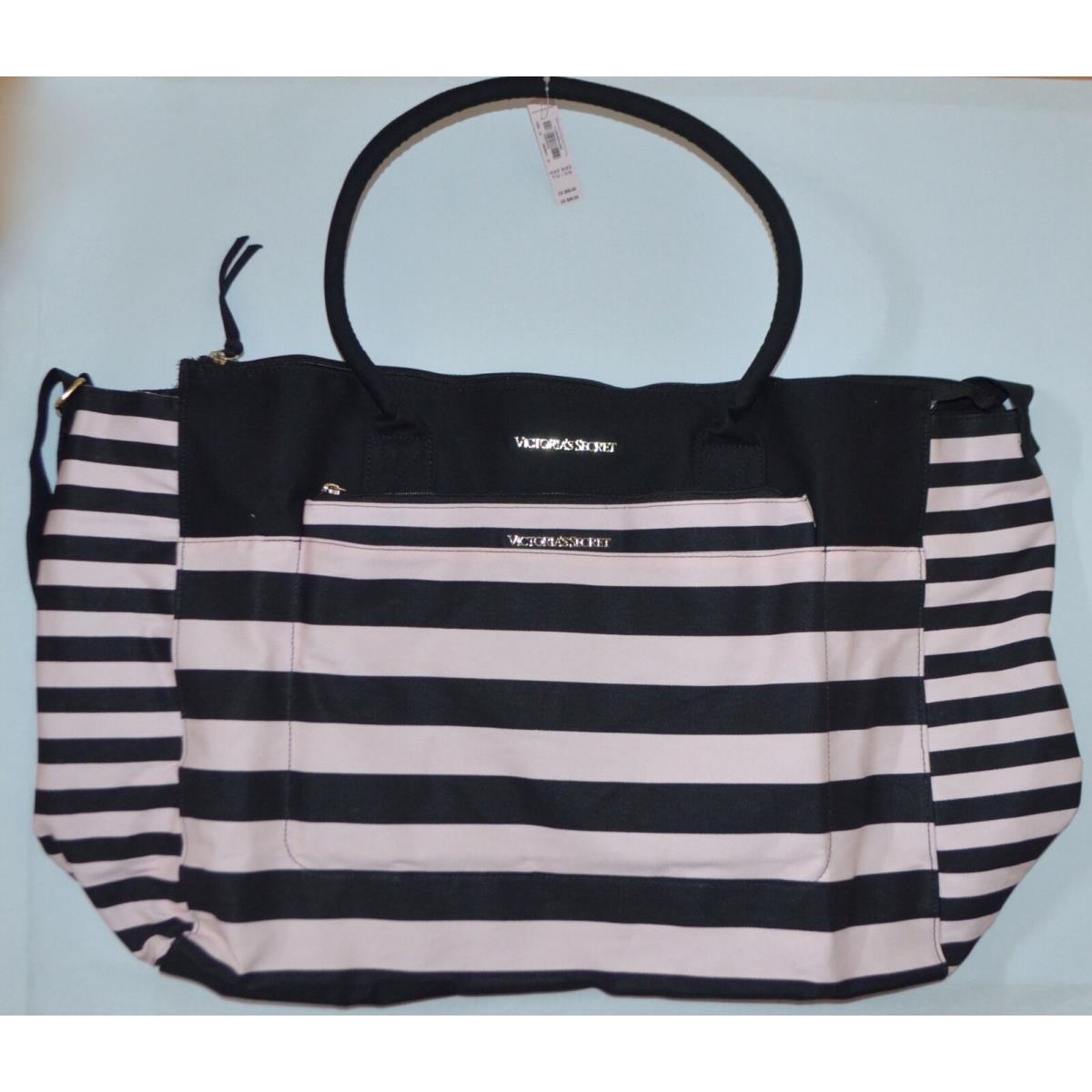 Victoria`s Secret Pink Stripe Weekend Bag Getaway Travel Carry ON Large Tote Set