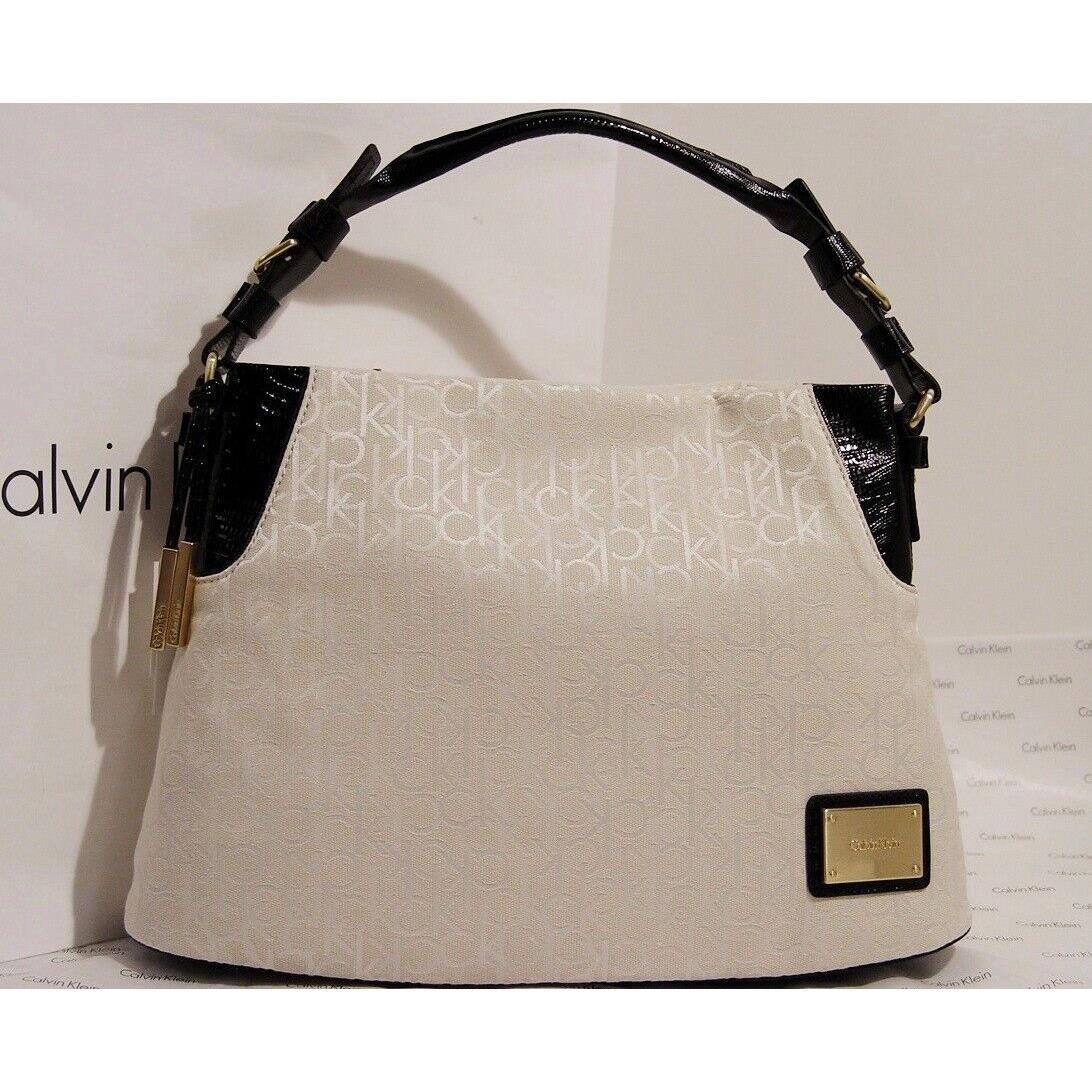 Calvin Klein Logo Jacquard Black / Ivory White Satchel Bag Handbag Purse