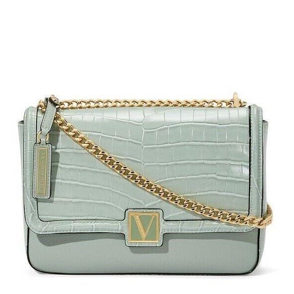 The Victoria`s Secret Victoria Medium Shoulder Bag V Logo Palm Croc Green/ Black