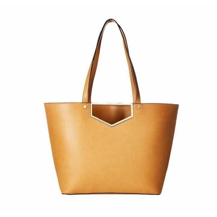 Calvin Klein Cashew Brown Tote Shoulder Bag Raffia Cut Out Sophia Gold