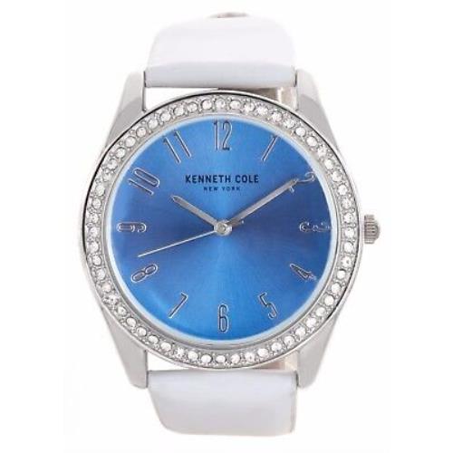 Kenneth Cole Ladies Blue Dial White Leather Band Dress Watch 10031704 37mm
