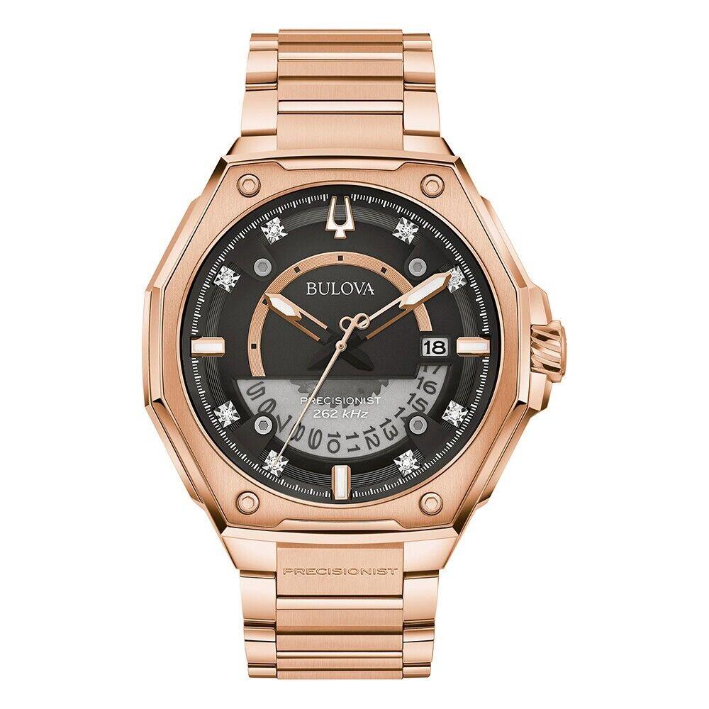 Bulova Men`s Series X Calendar Precisionist Quartz Rose Gold Watch 45 MM 97D129 - Dial: Black, Band: Rose Gold