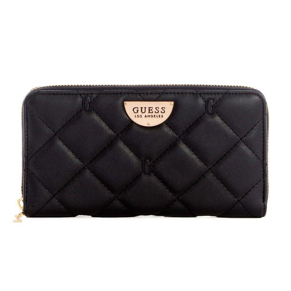 Guess Women`s Quitled Logo Embroidered Zip-around Wallet Clutch Bag - Black