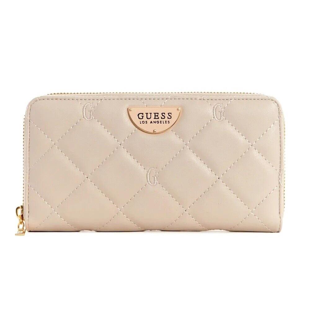 Guess Women`s Quitled Logo Embroidered Zip-around Wallet Clutch Bag - Beige