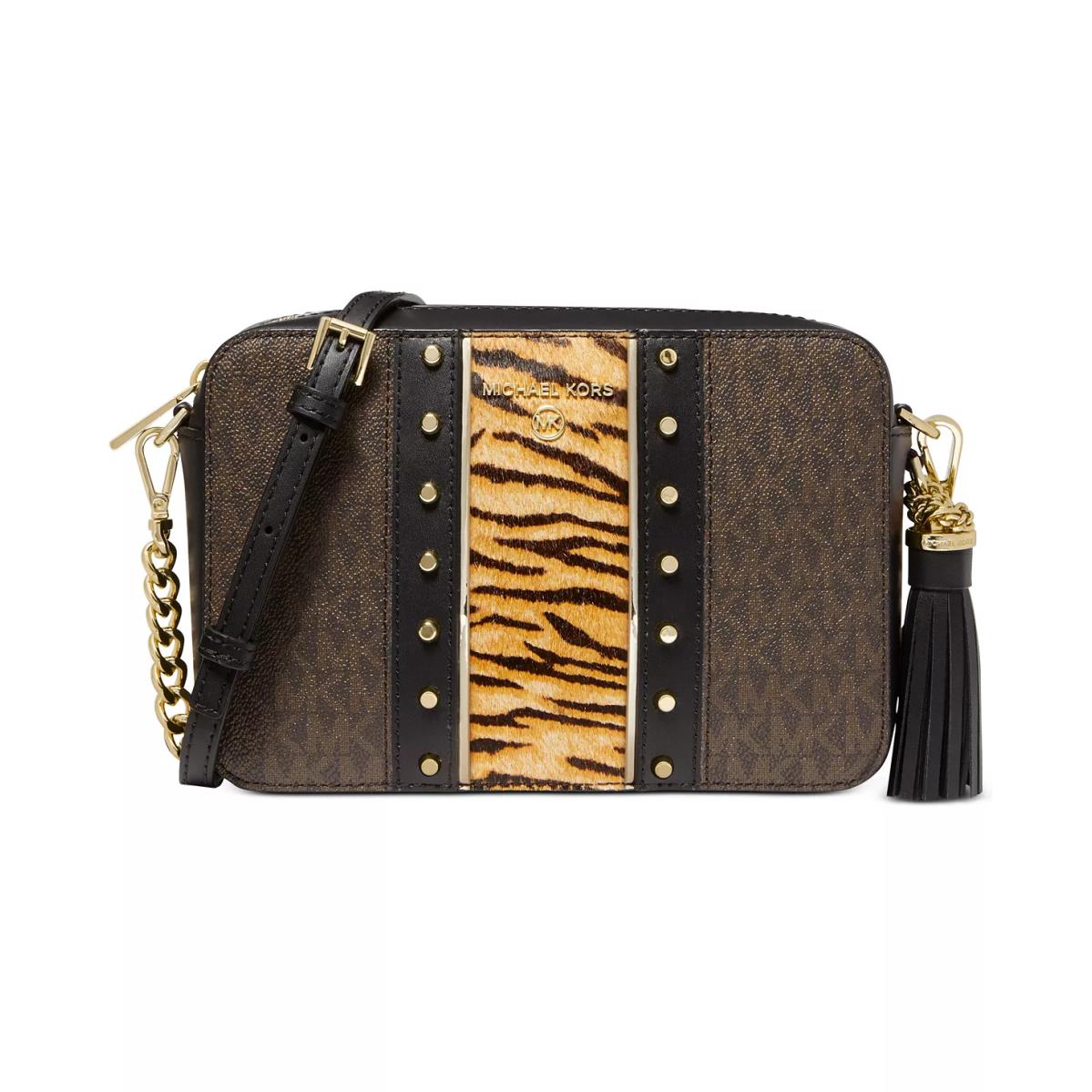 Michael Kors Jet Set Medium Camera Calf Hair Black Brown Multi Crossbody Bag