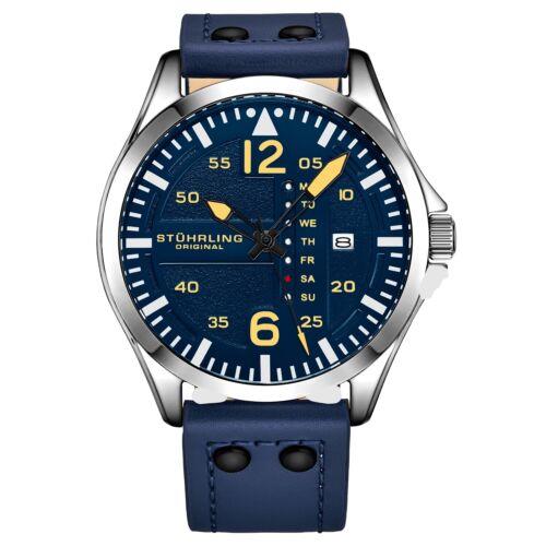Stuhrling 3916 4 Aviator Day Date Blue Leather Strap Mens Watch