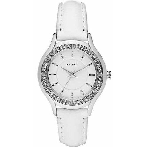 Donna Karan Analog with Glitz Women`s Watch. White Dial and Leather Band NY8136 - White Dial, White Band