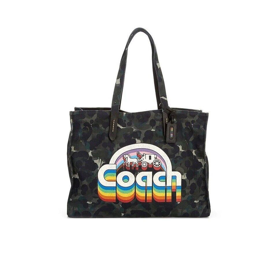 Coach Field 42 Signature Logo Rainbow Camouflage Horse Carriage Canvas Tote Bag - Handle/Strap: Green/Blue Multi, Hardware: Gold, Exterior: