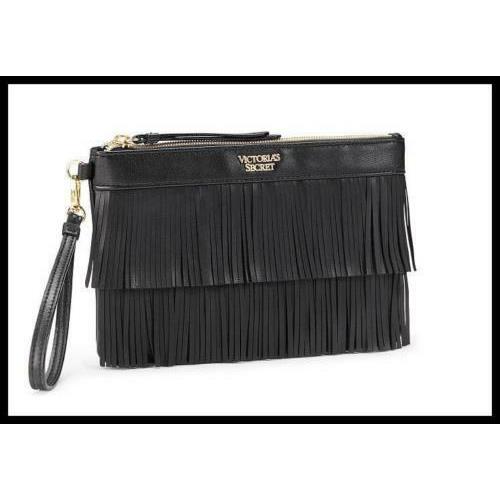Victorias Secret Black The Fringe Night Out Set Clutch Wristlet Wallet Bag