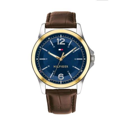 Tommy Hilfiger Blue Dial Brown Leather Embossed Straps Men`s Watch 1791523