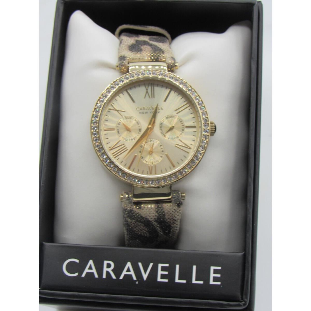 Caravelle York 44N103 Women`s Round Gold Tone Leopard Analog Day Date Watch