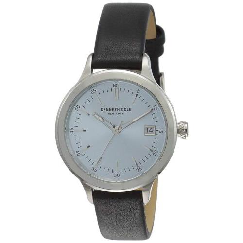 Kenneth Cole 10030827 Quartz Date Black Leather Womens Watch - Dial: Silver, Band: Black, Bezel: Silver