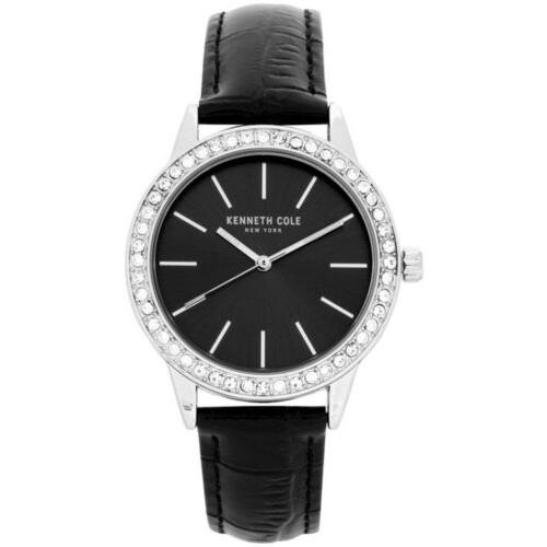 Kenneth Cole 10031482 Crystal Accented Black Leather Strap Quartz Womens Watch