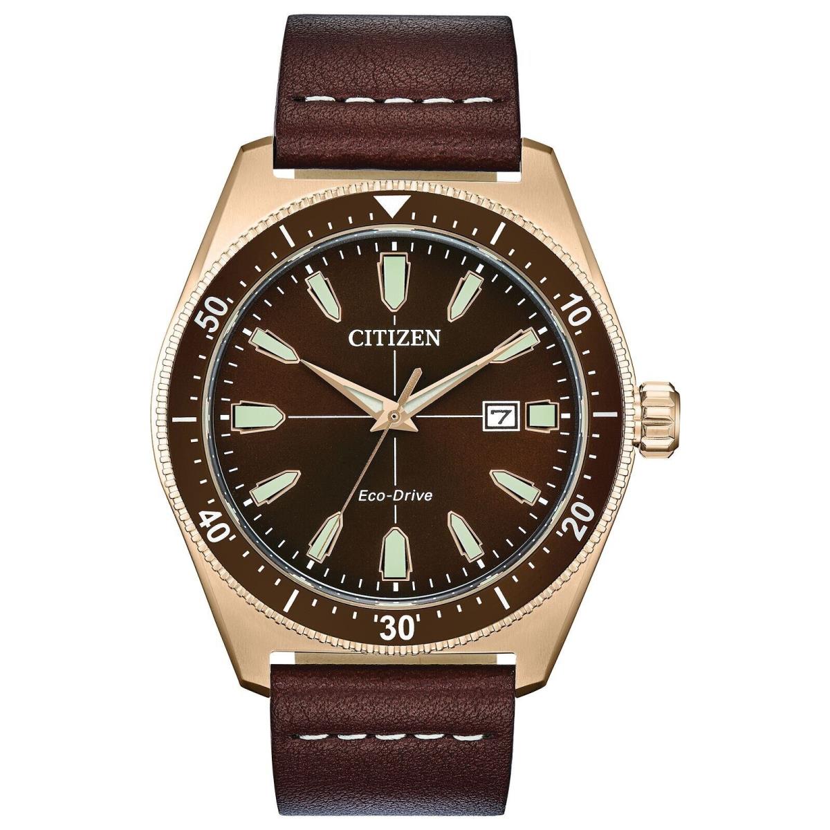 Citizen Eco-drive Vintage Brycen Men`s Brown Dial Watch AW1593-06X - Brown Dial, Brown Band, Rose Gold Bezel