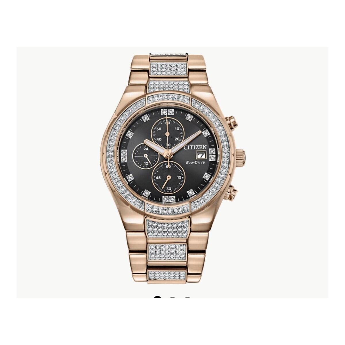 Citizen CA0753-55E Crystal Chronograph Date Eco-drive Rose Gold Tone Men`s Watch