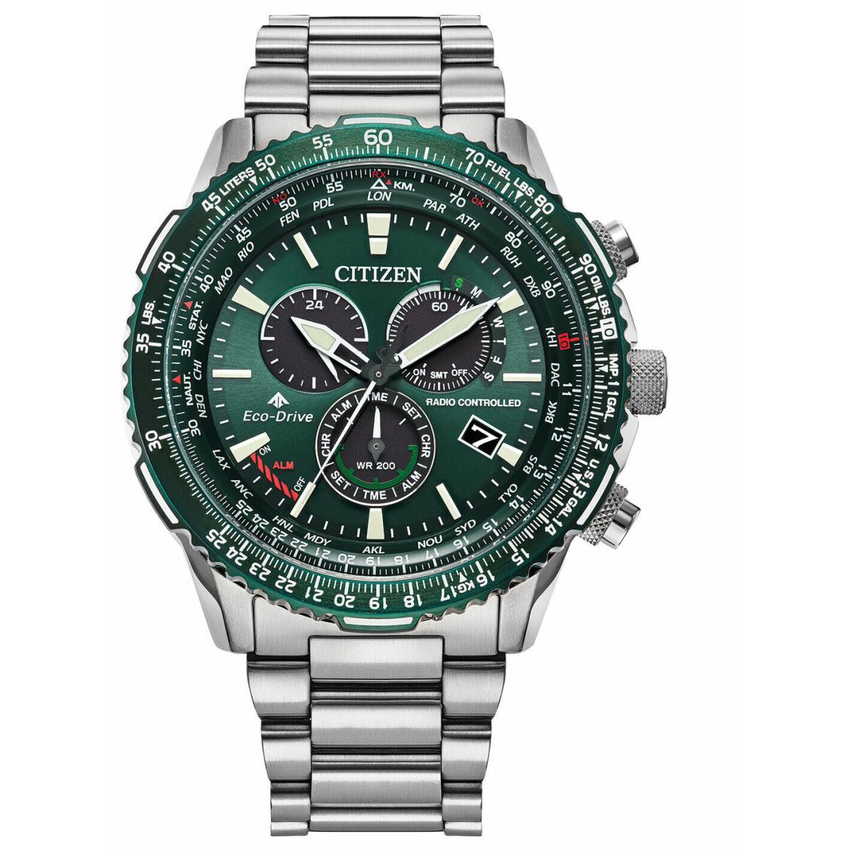 Citizen Eco-drive Men`s Pcat Green Dial Stainless Steel Watch CB5004-59W